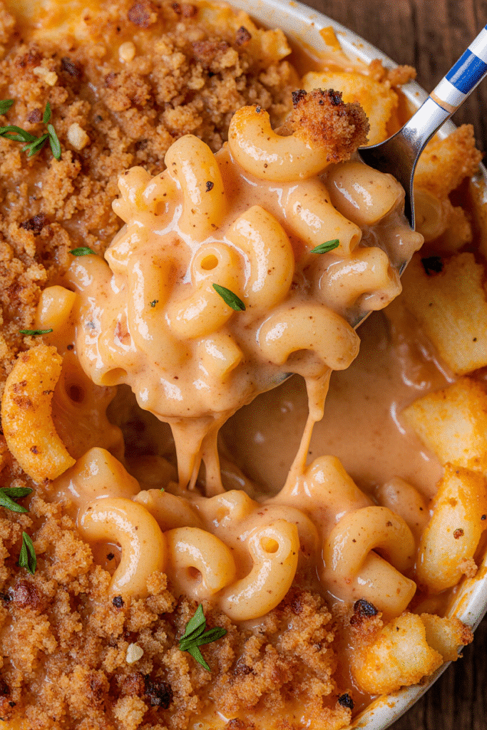 Chef's hands mixing par-cooked macaroni pasta with creamy yellow cheese sauce in a large bowl.