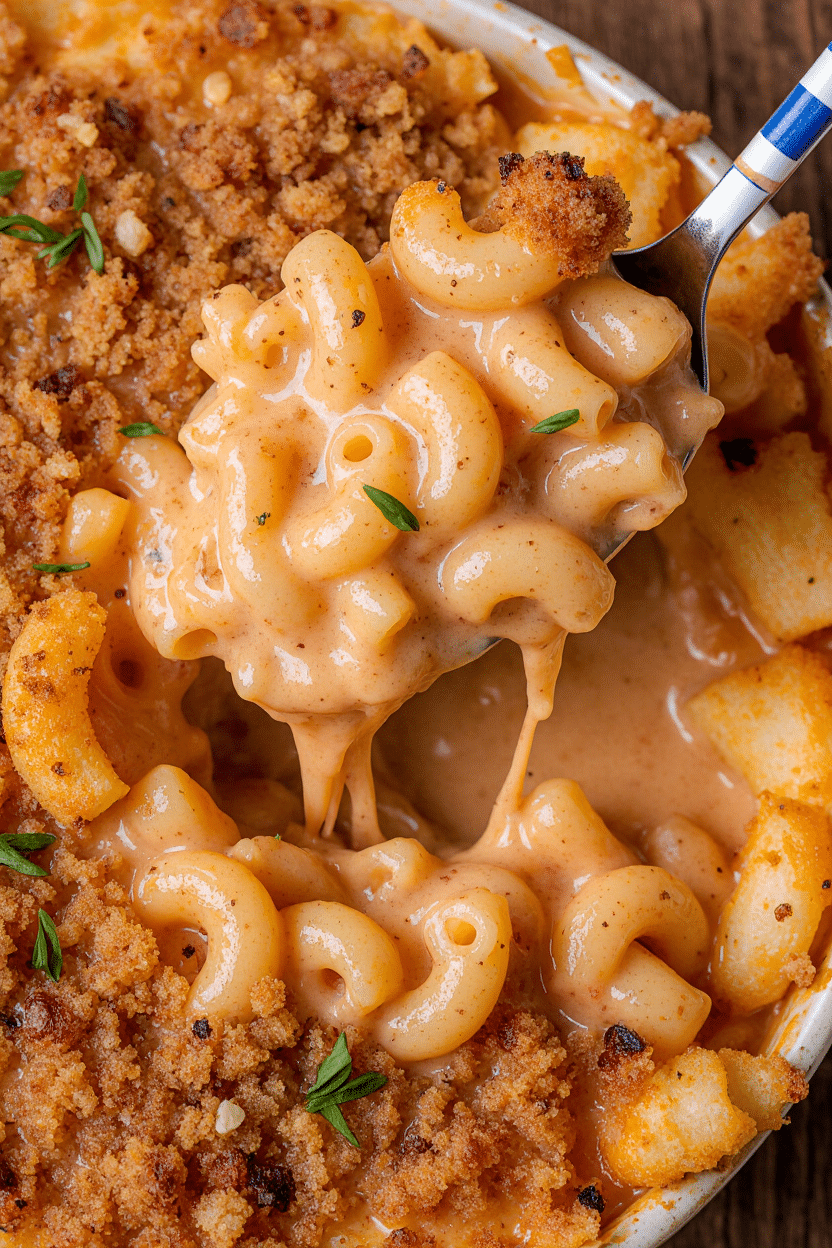 Chef's hands mixing par-cooked macaroni pasta with creamy yellow cheese sauce in a large bowl.