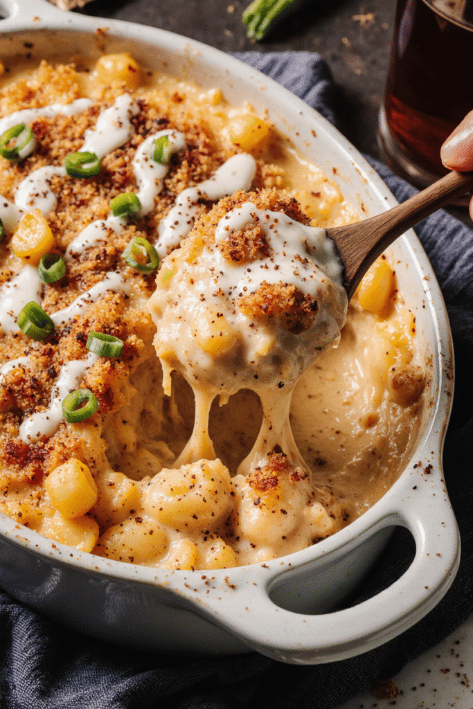 A close-up of bubbly, golden-brown smoked mac and cheese in a cast iron skillet, with a crispy breadcrumb topping Smoked Mac and Cheese Recipe.