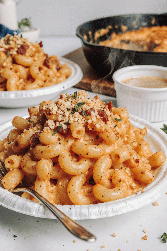 A pan of mac and cheese with a golden-brown top, sitting on grates inside a smoky barbecue smoker.