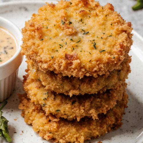 Stack of golden, crispy Southern fried green tomatoes with a side of creamy Cajun dipping sauce.