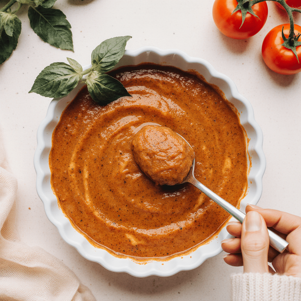 Creamy homemade tomato soup in a bowl, garnished with pesto, beside a half-eaten grilled cheese sandwich for dipping.