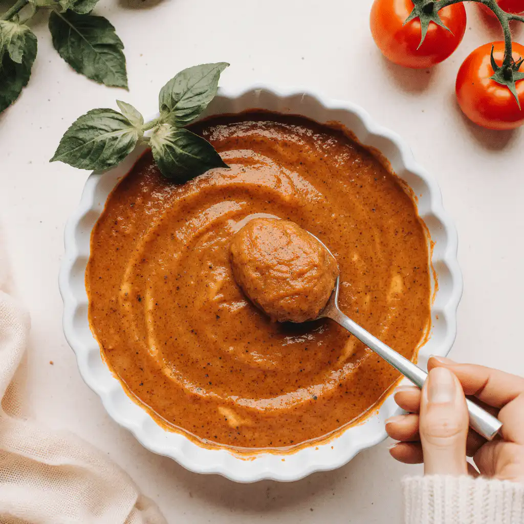 Creamy homemade tomato soup in a bowl, garnished with pesto, beside a half-eaten grilled cheese sandwich for dipping.