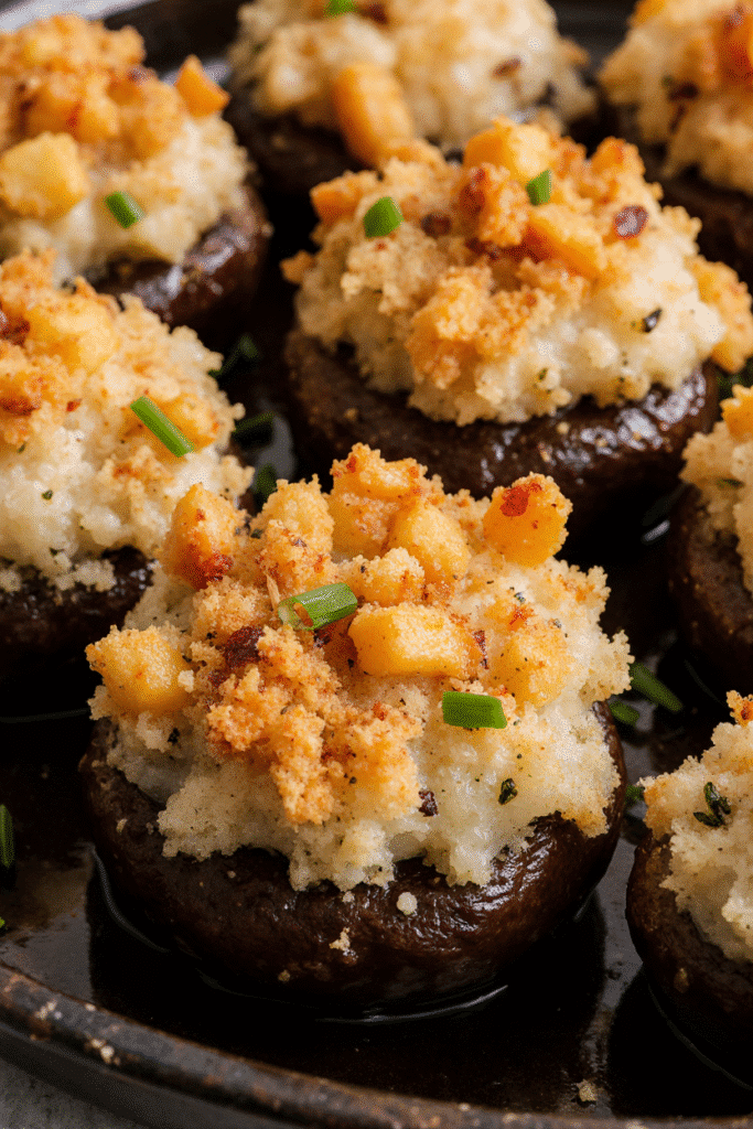 Stuffed mushrooms arranged in an air fryer basket, ready to cook