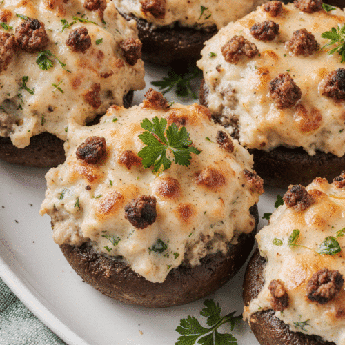A hand stuffing mushroom caps with sausage filling in a bowl