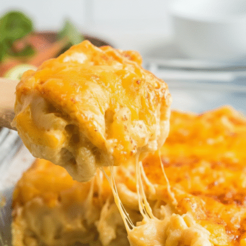 Recipe card and finished dish of The ULTIMATE Baked Macaroni and Cheese
