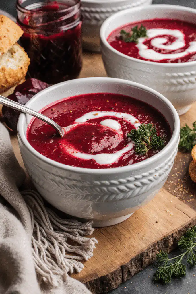 Close-up of a vibrant, velvety smooth, deep magenta beetroot soup, showing a swirl of cream or yogurt on top.