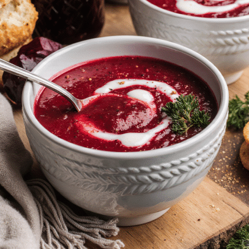 A crisp, dense, slightly tinted cookie topped with a spoonful of glossy beetroot jam, ready to be paired with the soup.