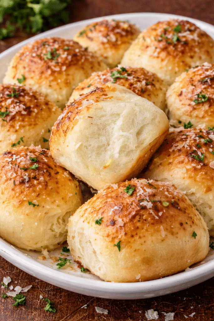 A basket of freshly baked 30-Minute Garlic Parmesan Dinner Rolls topped with melted butter and herbs.