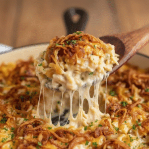 French Onion Chicken Orzo Casserole topped with melted cheese and herbs..