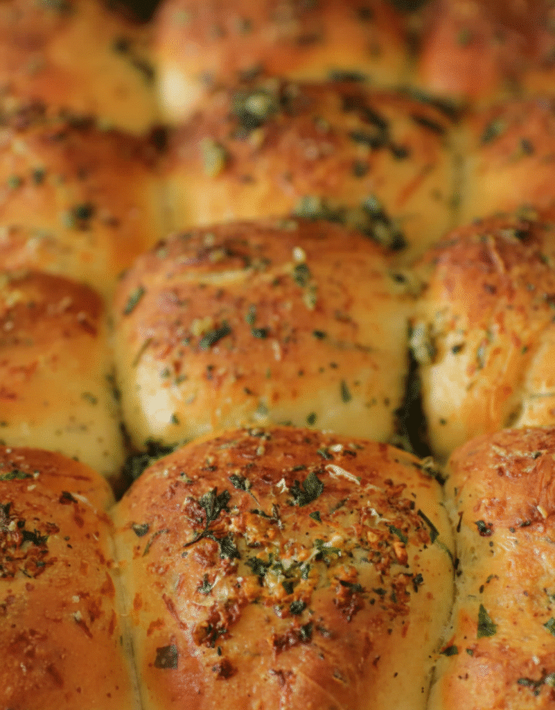 A basket of freshly baked 30-Minute Garlic Parmesan Dinner Rolls topped with melted butter and herbs