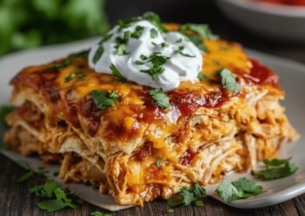 Easy chicken enchiladas topped with cheese and served on a plate .