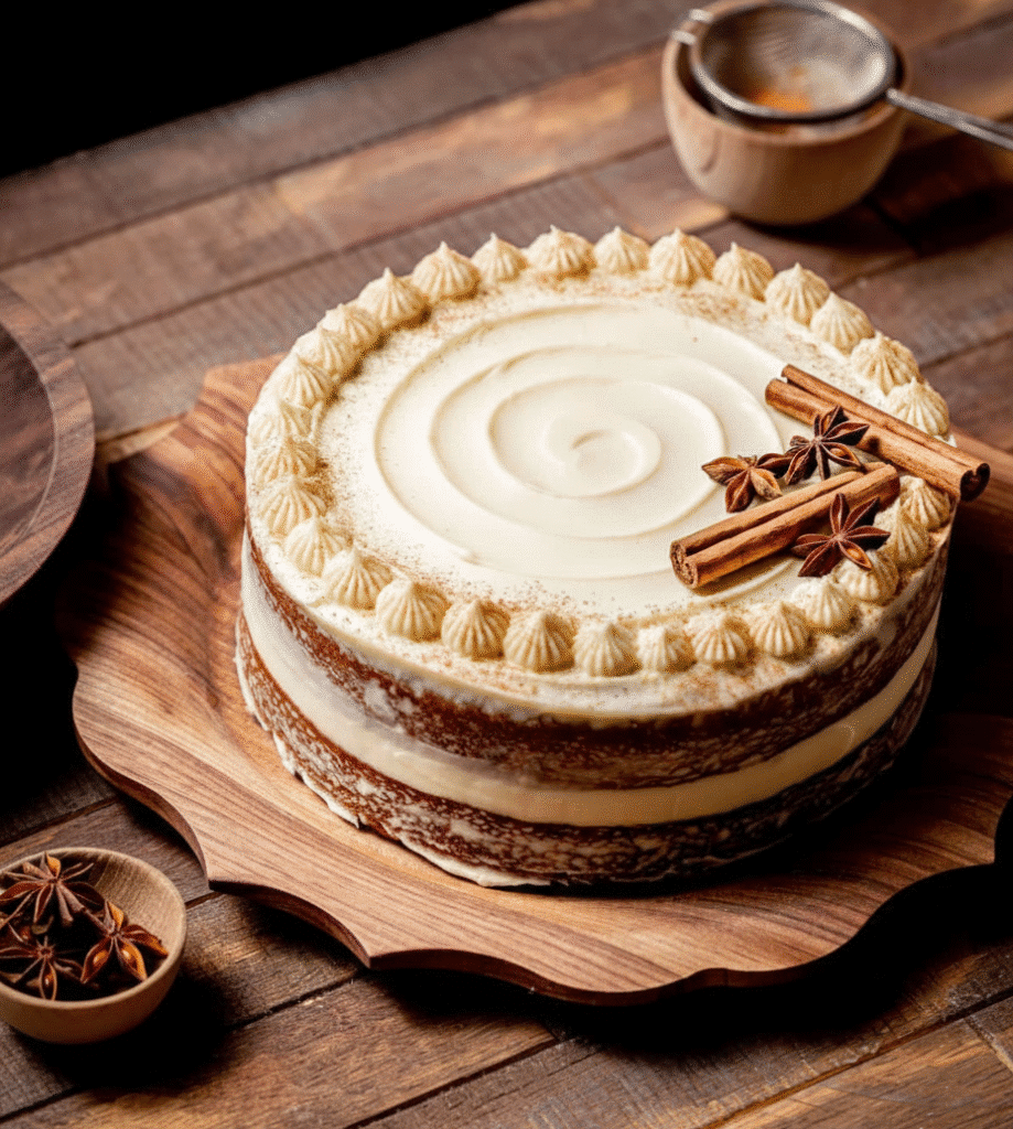 Delicious brown sugar chai cake topped with spices and a soft frosting.