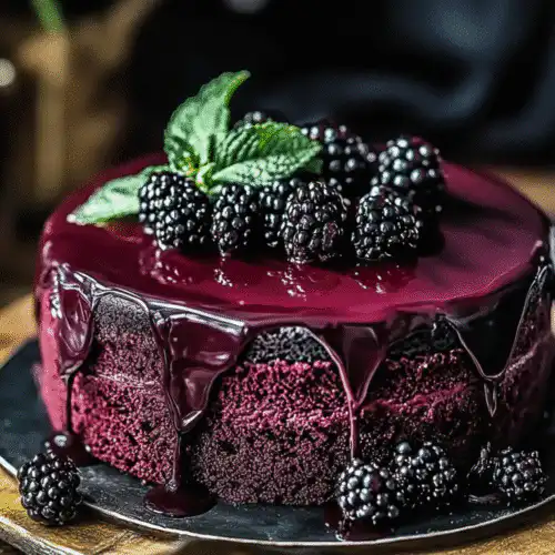 Gothic Blackberry Velvet Cake with rich frosting and blackberries on top recipe cqrd