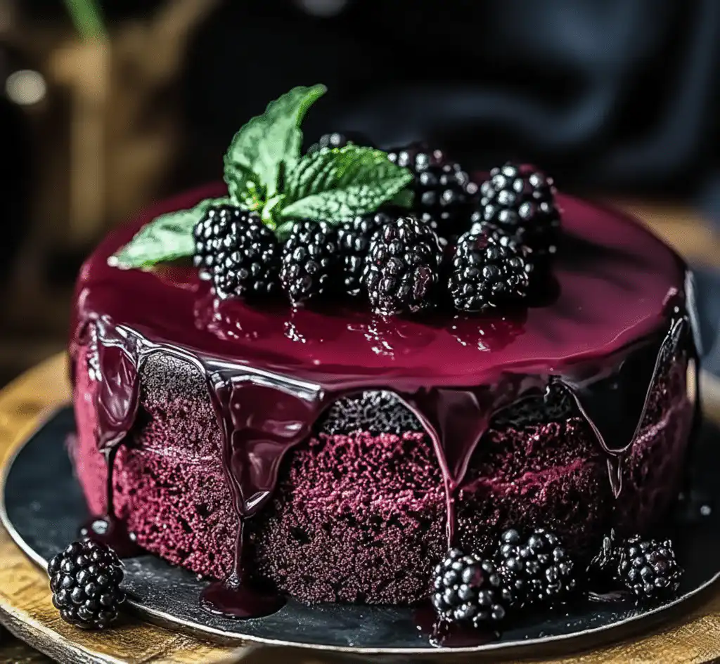 Gothic Blackberry Velvet Cake with rich frosting and blackberries on top recipe cqrd