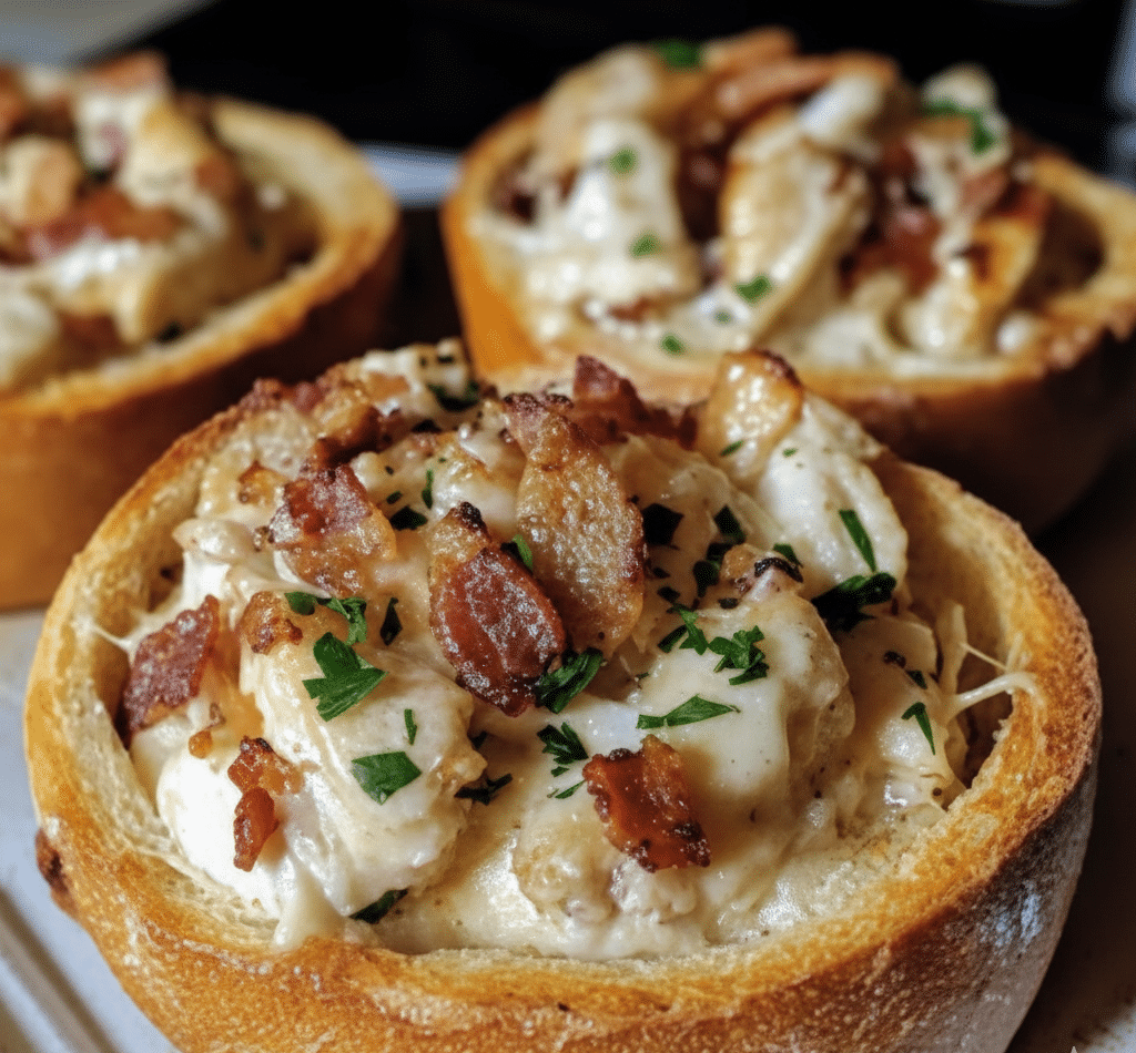 Delicious Chicken Alfredo served in garlic bread bowls serv