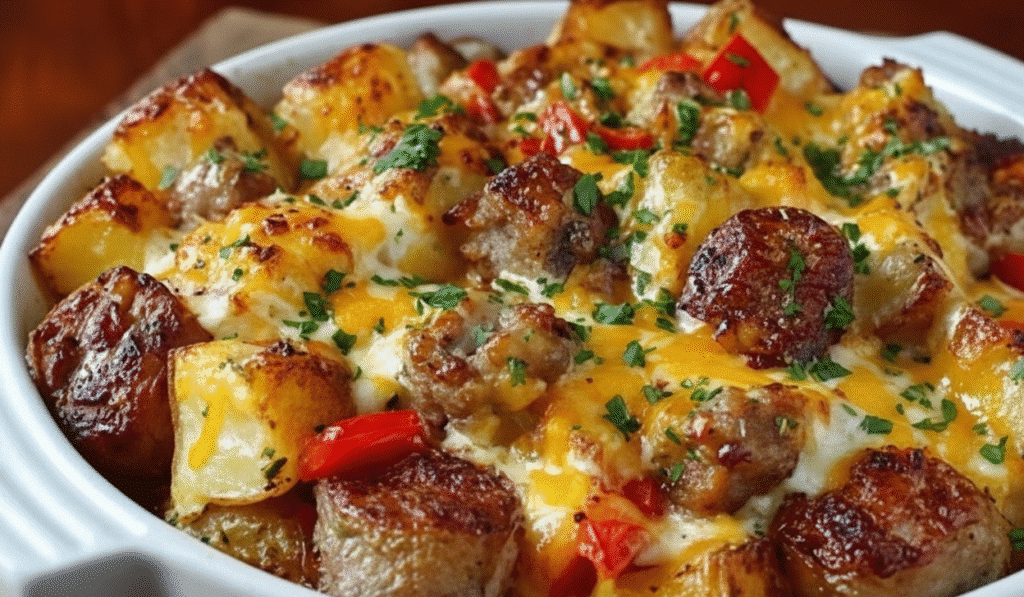 A close-up of a baking dish filled with roasted cubed potatoes and sliced smoked sausage, smothered in melted cheddar cheese and sprinkled with ranch seasoning and fresh parsley.