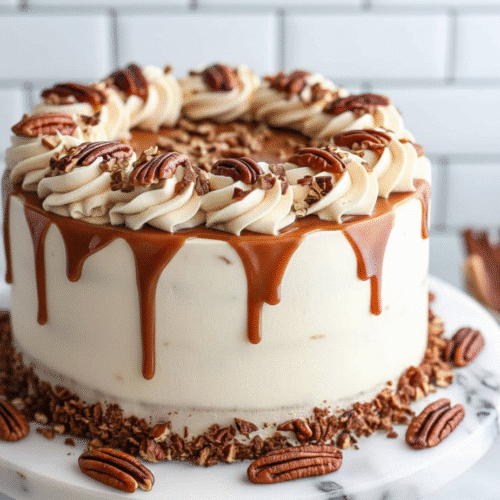 Delicious Butter Pecan Cake topped with pecans and creamy frosting. recipe card