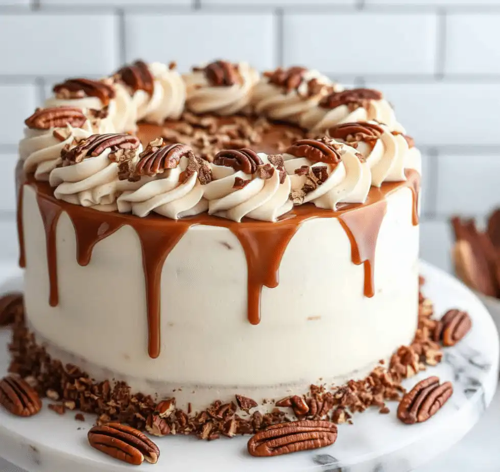 Delicious Butter Pecan Cake topped with pecans and creamy frosting. recipe card
