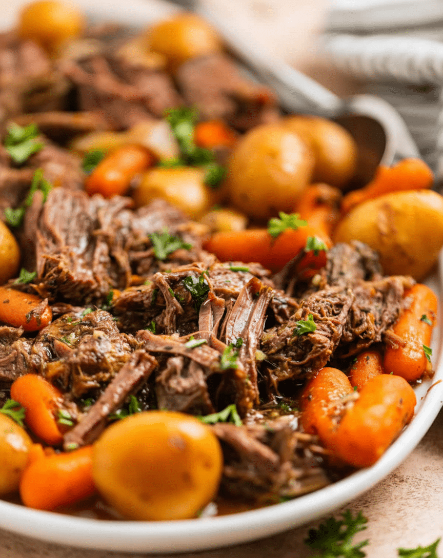Juicy French Onion Pot Roast 1 Delicious French onion pot roast served with herbs and a side of vegetables. recipe card