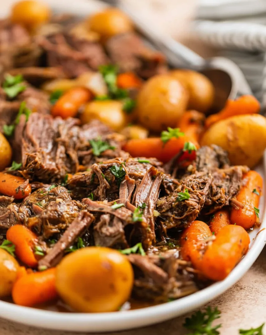 Delicious French onion pot roast served with herbs and a side of vegetables. recipe card