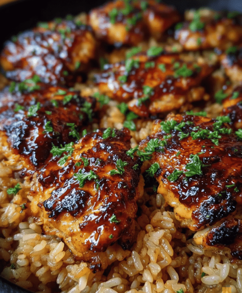 Delicious Honey BBQ Chicken served over rice, featuring sweet tangy sauce and herbs. 