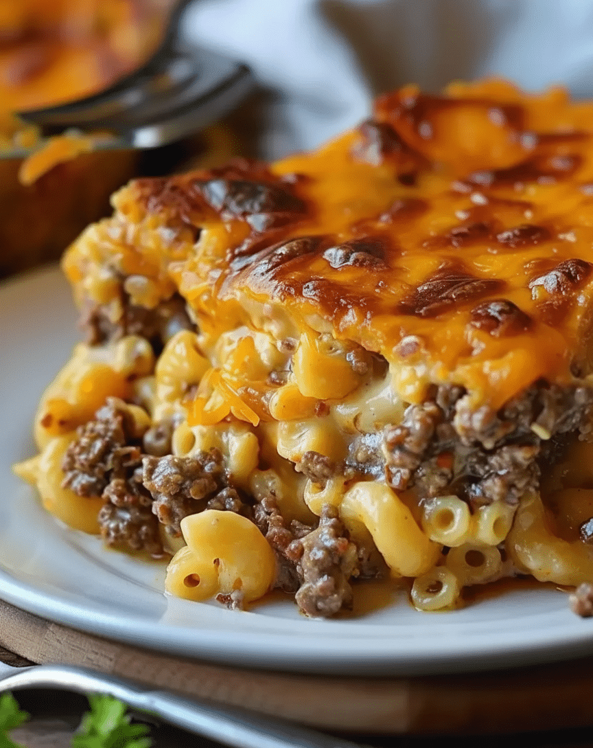 Delicious Mac and Cheese Meatloaf Casserole served in a baking dish
