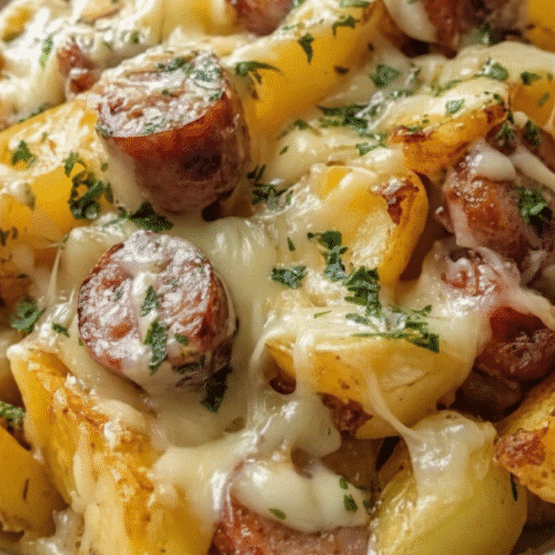 Cheesy ranch potatoes and smoked sausage served on a plate recipe card