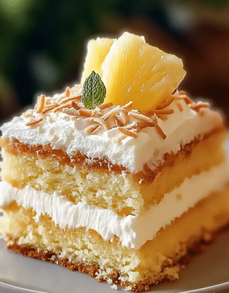 Slice of Pineapple Coconut Dream Cake with tropical fruits on top serving