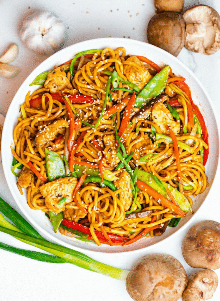 Delicious Chicken Lo Mein with colorful vegetables and noodles ingr