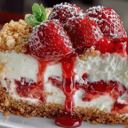 Delicious strawberry crunch cheesecake tacos served on a plate recipe card