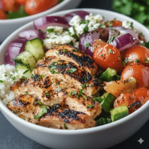 Delicious Greek Chicken Bowls topped with fresh vegetables and feta cheese feature