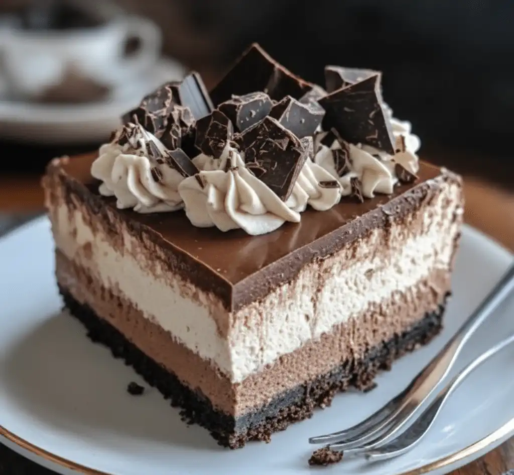 Delicious Tuxedo Cake layered with triple chocolate mousse for chocolate enthusiasts serving