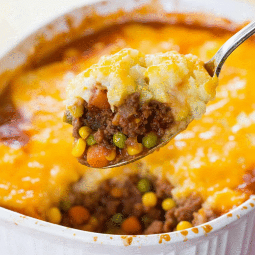 Easy Shepherd's Pie casserole with mashed potatoes and ground meat. recipe card