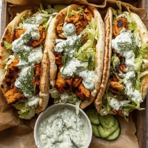 Sheet pan chicken pitas with herby ranch served on a wooden table.