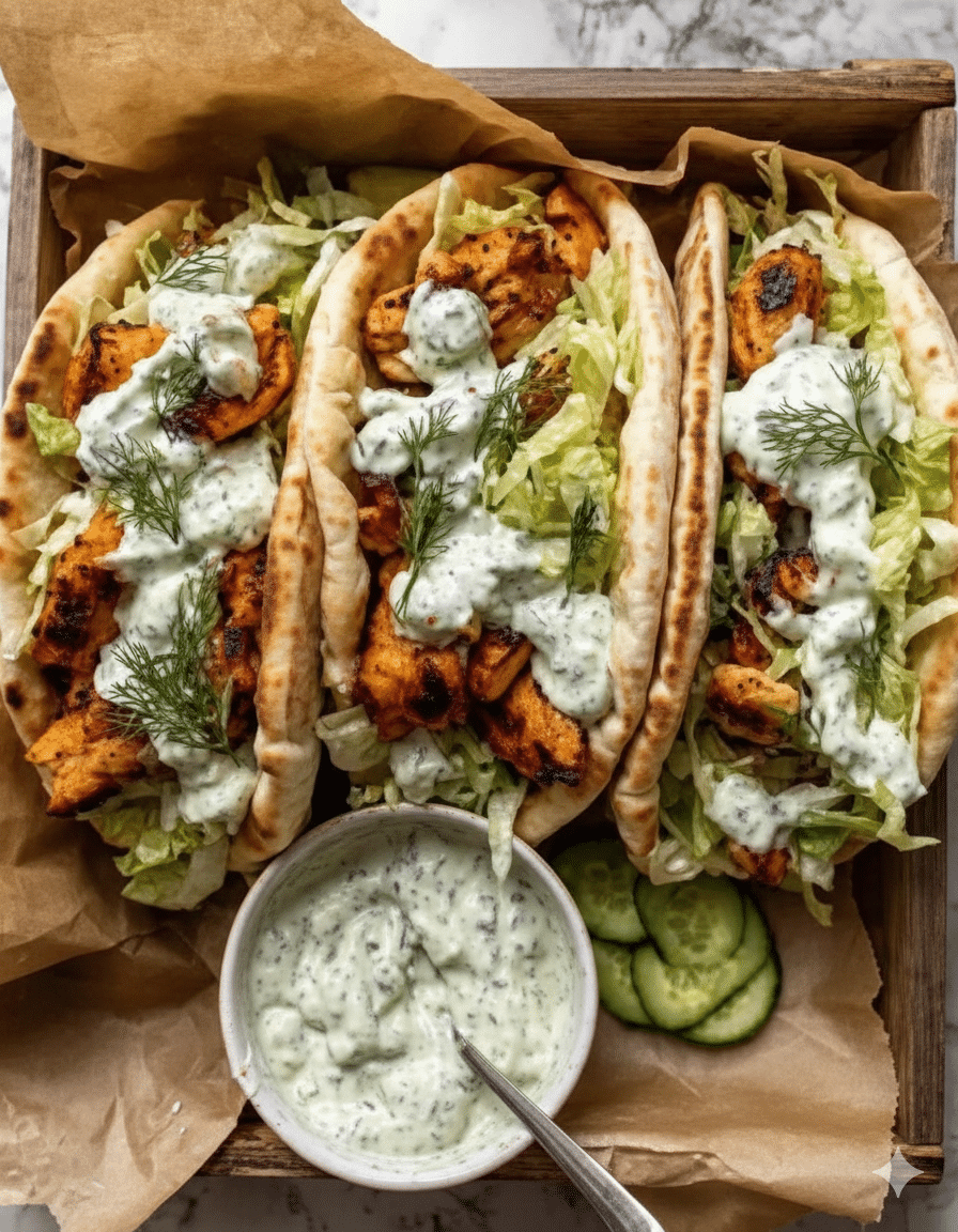 Sheet Pan Chicken Pitas with Herby Ranch 1 Sheet pan chicken pitas with herby ranch served on a wooden table.