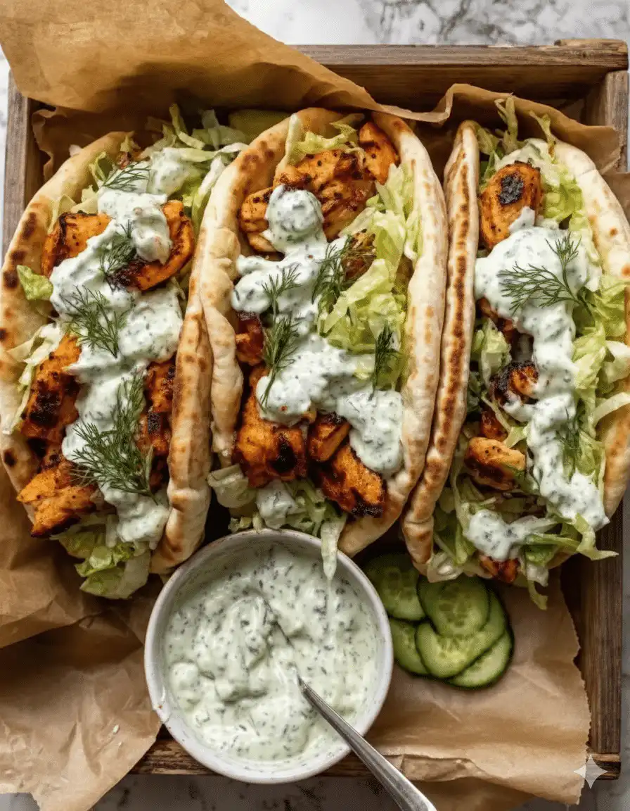 Sheet pan chicken pitas with herby ranch served on a wooden table.