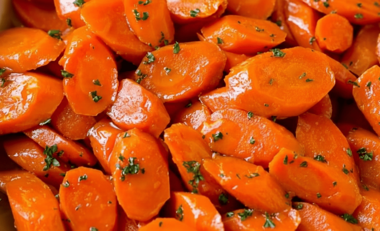 A white serving dish filled with easy glazed carrots topped with fresh parsley and a honey butter glaze.