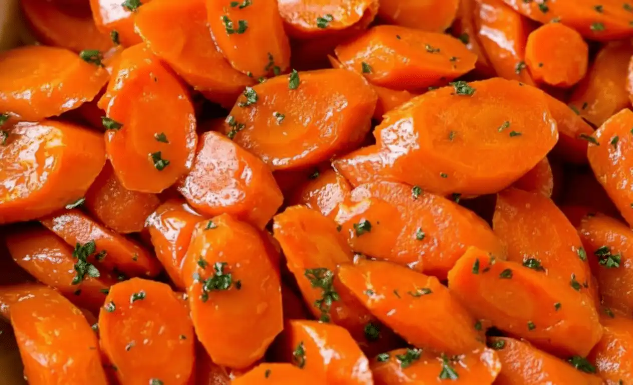 A white serving dish filled with easy glazed carrots topped with fresh parsley and a honey butter glaze.