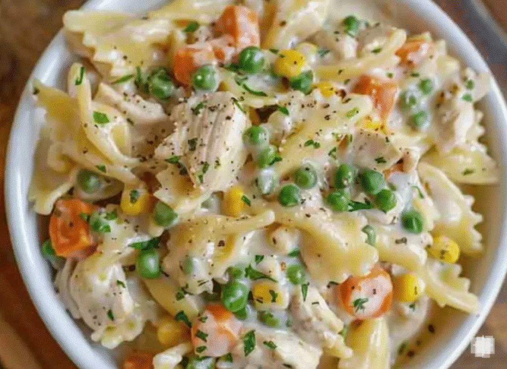Delicious classic chicken pot pie pasta served in a bowl with herbs serving