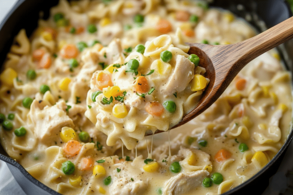 Delicious classic chicken pot pie pasta served in a bowl with herbs