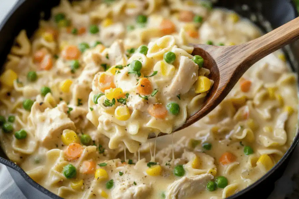 Delicious classic chicken pot pie pasta served in a bowl with herbs