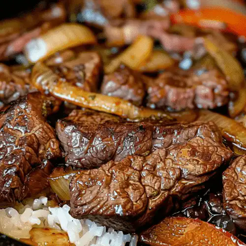 Delicious sizzling Chinese pepper steak with onions served on a plate recipe card
