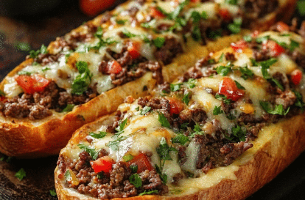 Ground Beef Philly Cheesesteaks: An Incredible Ultimate Recipe That Will Change Your Game 4 Delicious Ground Beef Philly Cheesesteaks topped with melted cheese and sautéed onions. serving