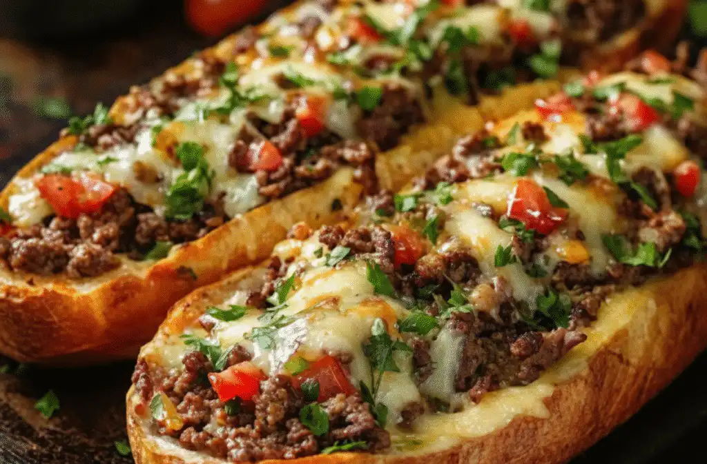 Delicious Ground Beef Philly Cheesesteaks topped with melted cheese and sautéed onions. serving