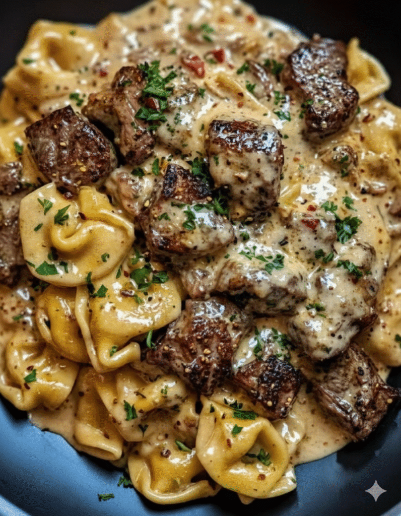 Cracked Garlic Steak Tortellini served in creamy sauce on a plate ...