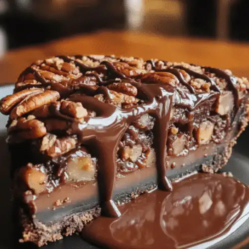 A slice of Texas chocolate pecan pie with a flaky golden crust, gooey chocolate filling, and toasted pecans on a white plate. recipe card