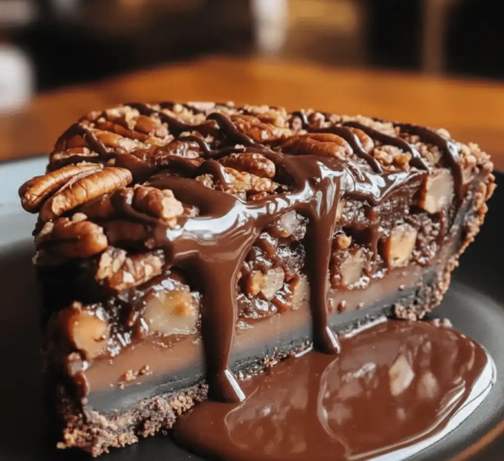 A slice of Texas chocolate pecan pie with a flaky golden crust, gooey chocolate filling, and toasted pecans on a white plate. recipe card