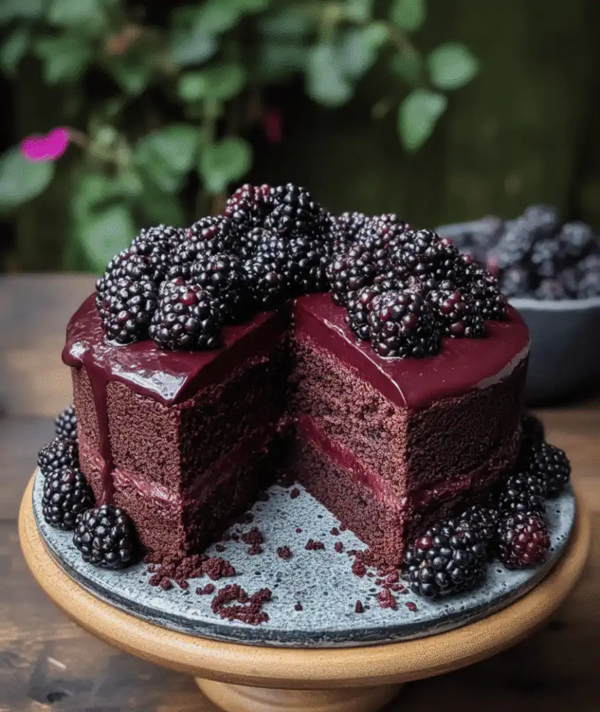 Gothic Blackberry Velvet Cake with rich frosting and blackberries on top serving