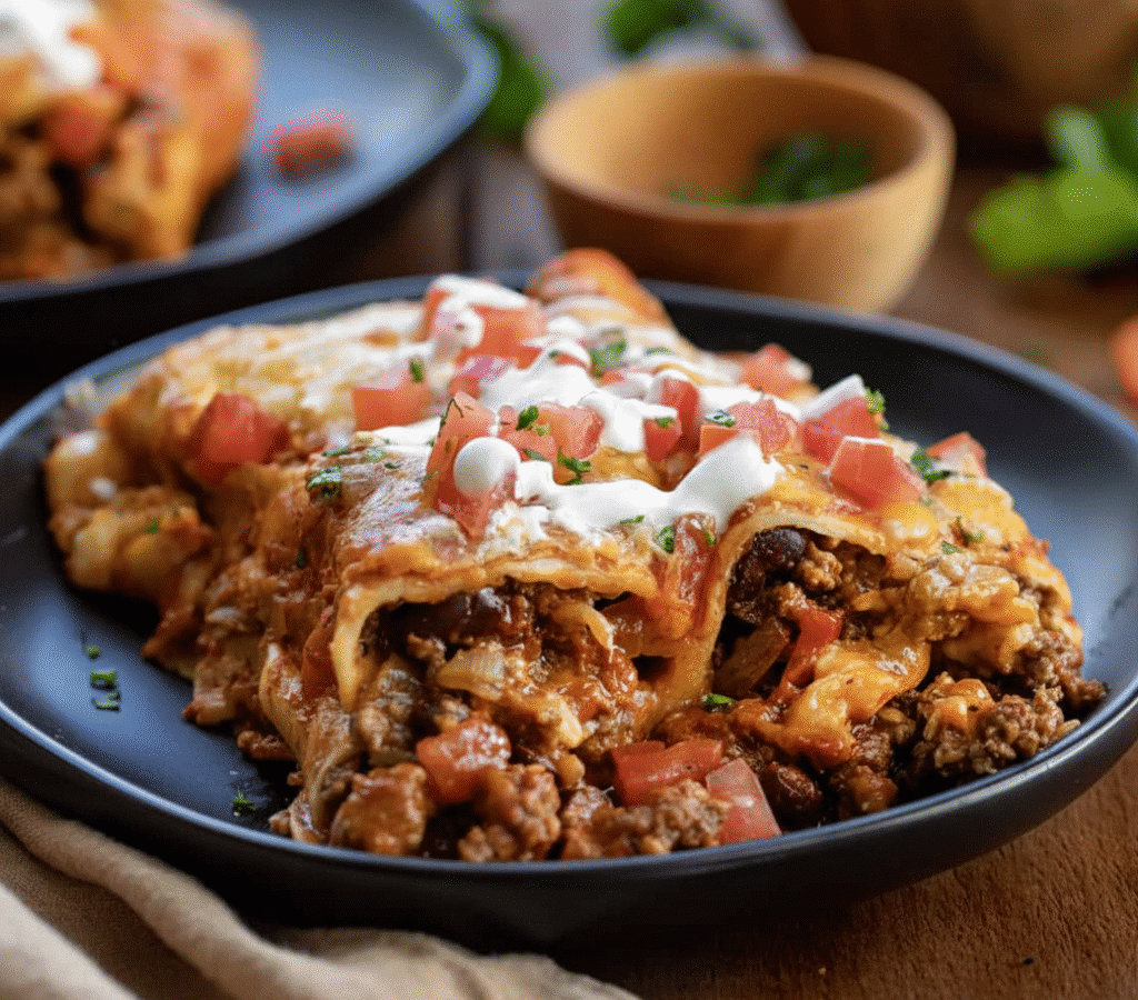 Plate of ground beef enchiladas topped with cheese and salsa serving